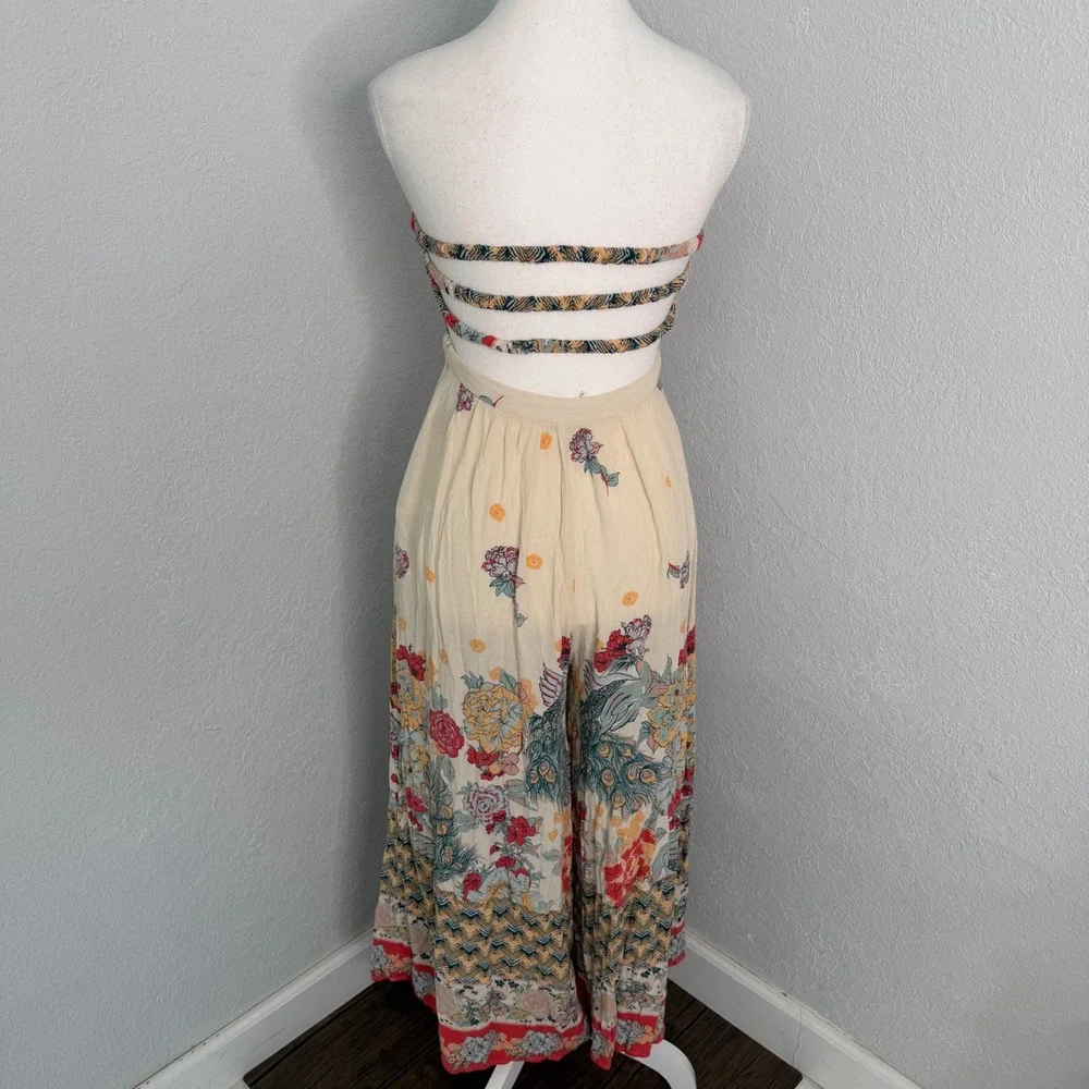 Free People Floral Peacock Strapless Cutout Jumpsuit Cream Red XS